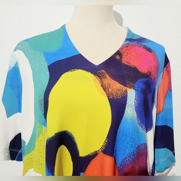 Ali Miles Women Blouse Top Medium Multicolor Abstract Print V-Neck Short Sleeve - Picture 2 of 10